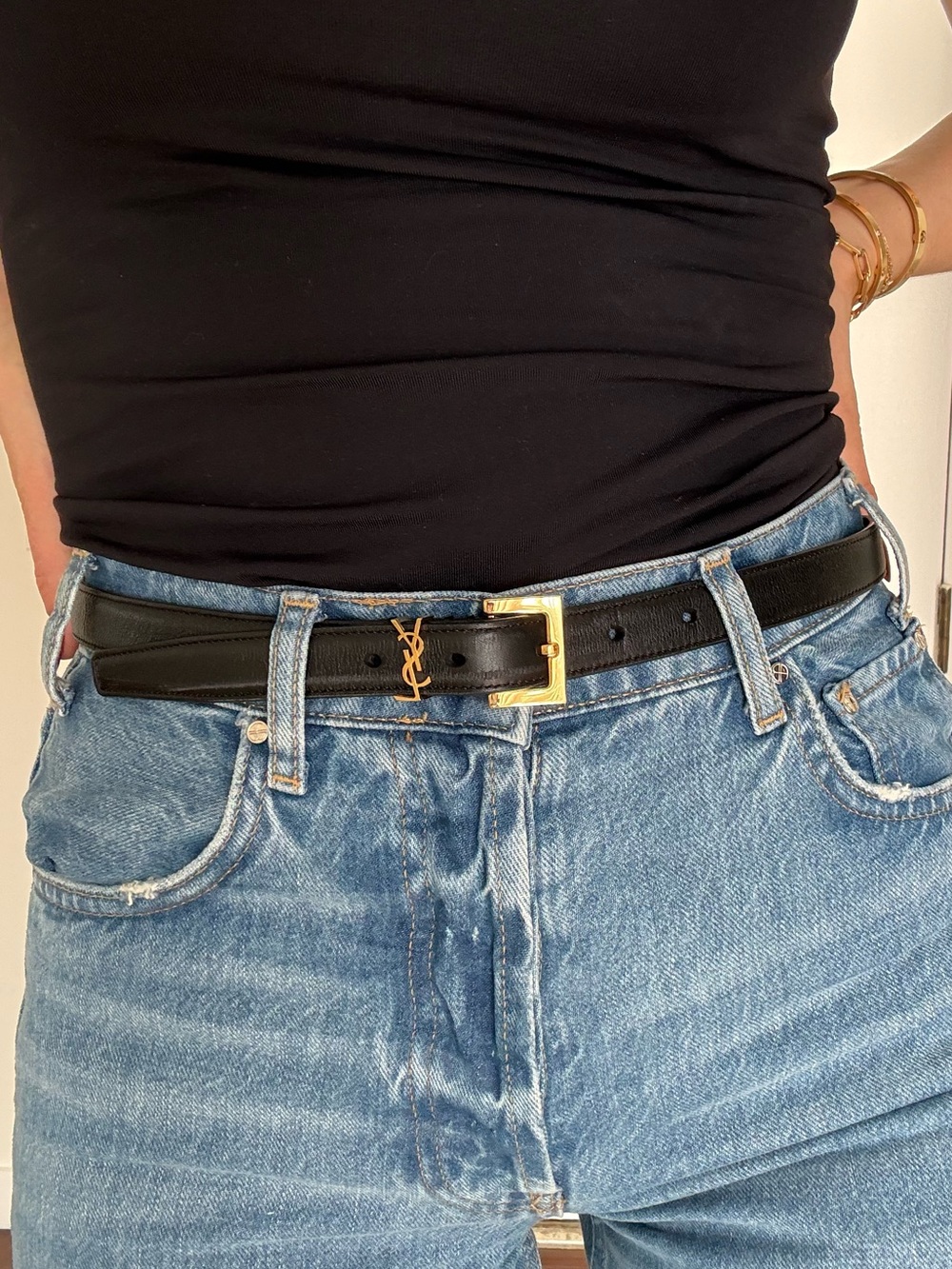 Saint Laurent Black Leather Belt with Gold YSL